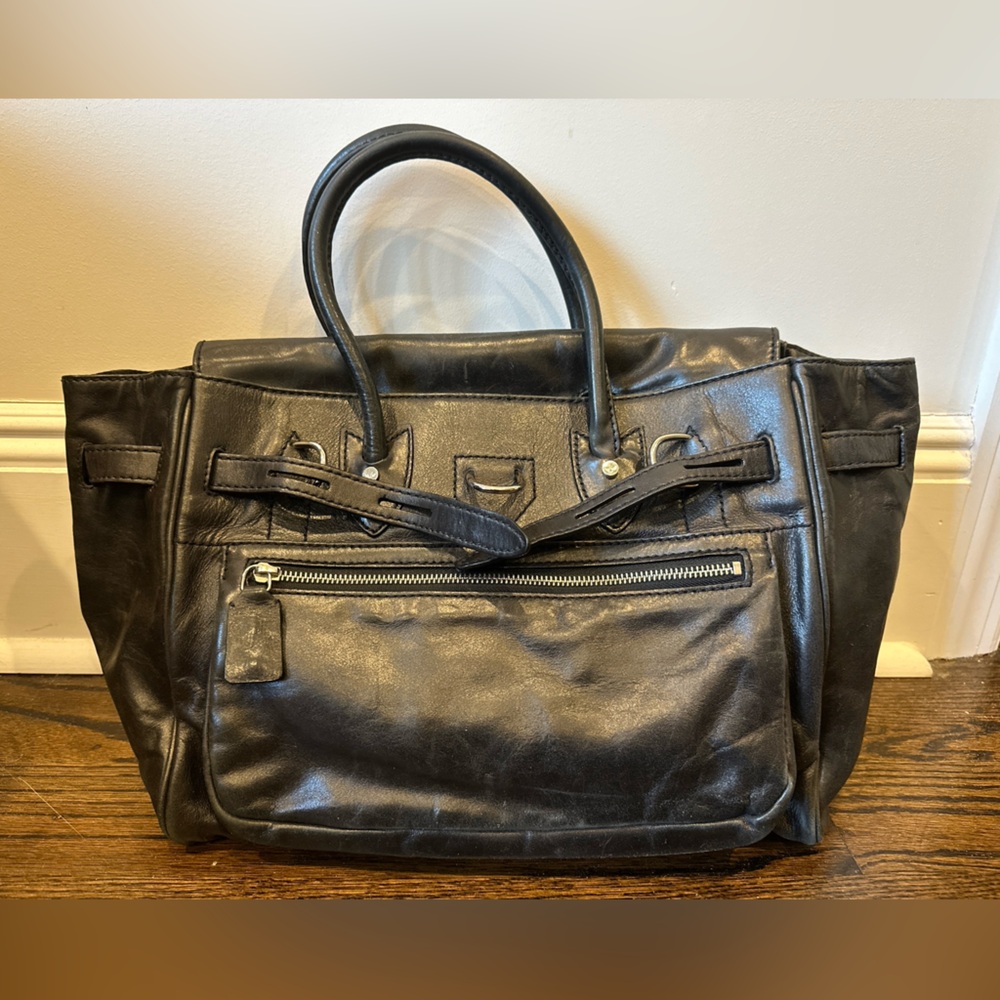 LEONELLO BORGHI BLACK GENUINE LEATHER SATCHEL TOTE BAG BUCKLE SILVER HARDWARE